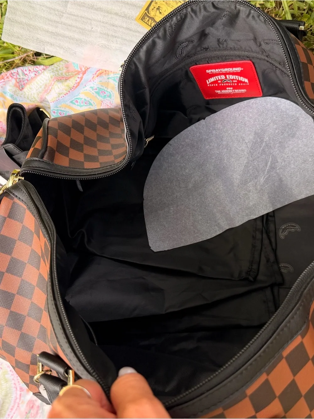 Sprayground Brown Checkerboard Duffel with Black Trim and Gold Hardware